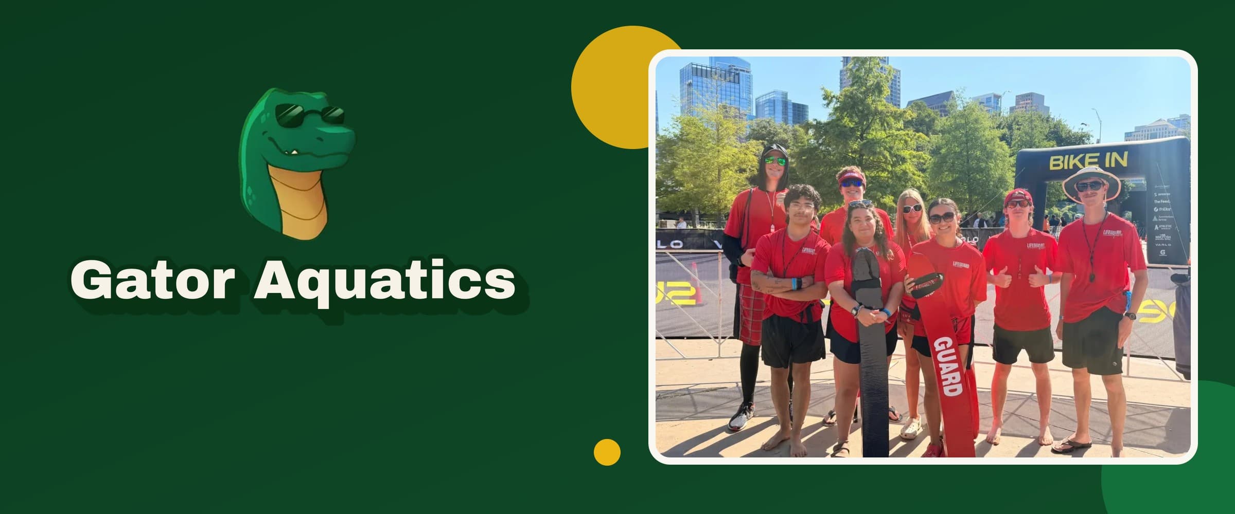 The Gator Aquatics logo beside a photo of the Gator Aquatics lifeguard team in red guard shirts